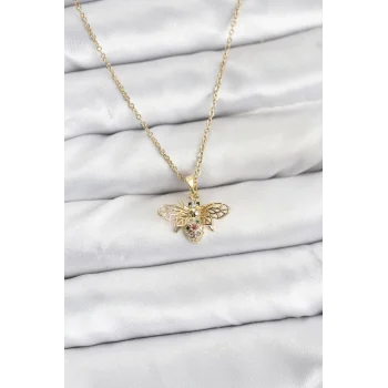 316L Çelik Zincir Gold Renk Sinek Model Zirkon Taşlı Kadın Kolye