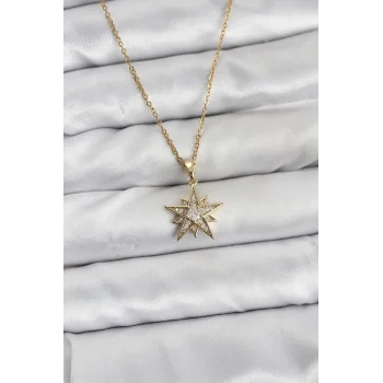 316L Çelik Zincir Gold Renk Yıldız Model Zirkon Taşlı Kadın Kolye
