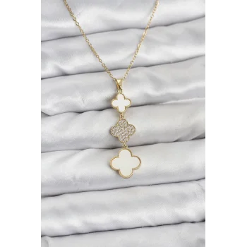 316L Çelik Zincir Gold Renk Yonca Detaylı Zirkon Taşlı Kadın Kolye