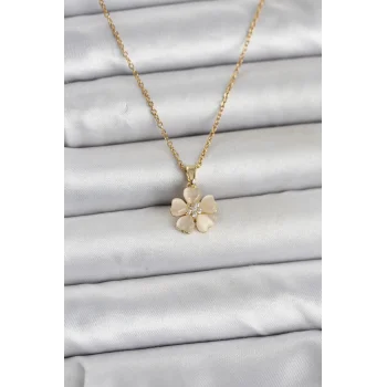316L Çelik Zincir Gold Renk Yonca Model Kadın Kolye