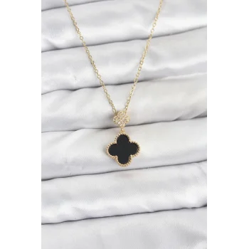 316L Çelik Zincir Gold Renk Yonca Model Zirkon Taşlı Kadın Kolye