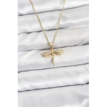 316L Çelik Zincir Gold Renk Yusufçuk Model Zirkon Taşlı Kadın Kolye