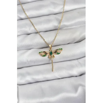 316L Çelik Zincir Gold Renk Yusufçuk Model Zirkon Taşlı Kadın Kolye