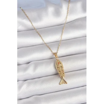 316L Çelik Zincir Gold Renk Zirkon Taşlı Balık Figürlü Kolye