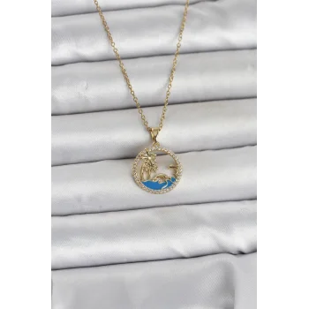 316L Çelik Zincir Gold Renk Zirkon Taşlı Deniz Temalı Kadın Kolye