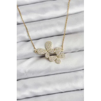 316L Çelik Zincir Gold Renk Zirkon Taşlı Kelebek Model Kadın Kolye