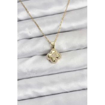 316L Çelik Zincir Gold Renk Zirkon Taşlı Yonca Model Kadın Kolye