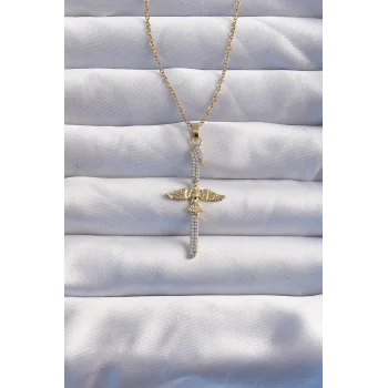 316L Çelik Zincir Gold Renkli Zirkon Taşlı Anka Kuşu Kolye
