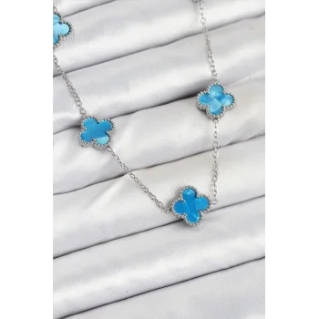 316L Çelik Zincir Gümüş Buz Mavisi Renk Yonca Kadın Kolye