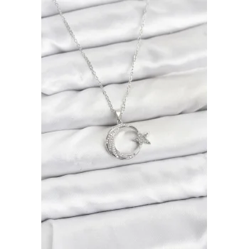 316L Çelik Zincir Gümüş Renk Ay Yıldız Model Zirkon Taşlı Kadın Kolye