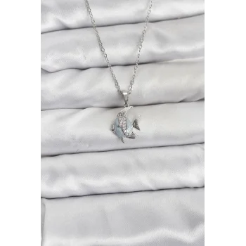 316L Çelik Zincir Gümüş Renk Balık Model Zirkon Taşlı Kadın Kolye