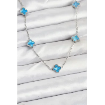 316L Çelik Zincir Gümüş Renk Buz Mavisi Baby Boy Yonca Kadın Kolye