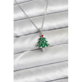 316L Çelik Zincir Gümüş Renk Çam Ağacı Model Yılbaşı Temalı Kadın Kolye