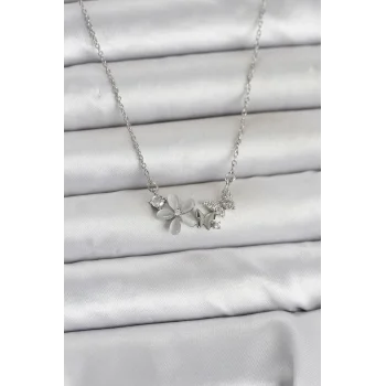 316L Çelik Zincir Gümüş Renk Çiçek ve Kelebek Model Kadın Kolye