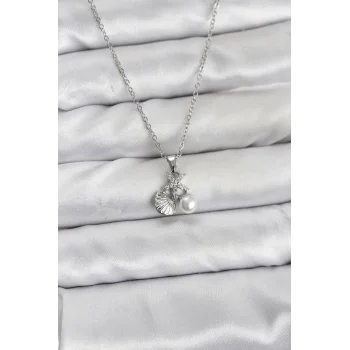 316L Çelik Zincir Gümüş Renk Deniz Kabuğu ve Deniz Yıldızı Model Zirkon Taşlı Kadın Kolye