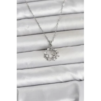 316L Çelik Zincir Gümüş Renk İncili Çiçek Model Kadın Koyle