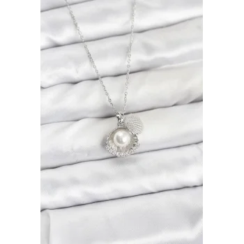 316L Çelik Zincir Gümüş Renk İncili Deniz Kabuğu Model Zirkon Taşlı Kadın Kolye