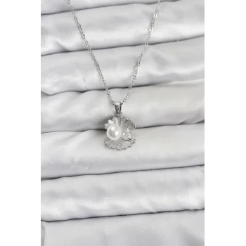 316L Çelik Zincir Gümüş Renk İstiridye İnci Model Zirkon Taşlı Kadın Kolye