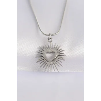 316L Çelik Zincir Gümüş Renk Kalp Güneşi Tasarımlı Kolye