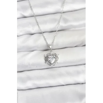 316L Çelik Zincir Gümüş Renk Kalp Model Zirkon Taşlı Kadın Kolye