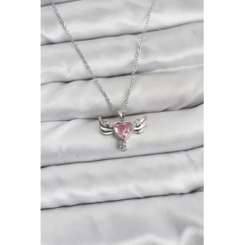 316L Çelik Zincir Gümüş Renk Kanatlı Kalp Model Zirkon Taşlı Kadın Kolye