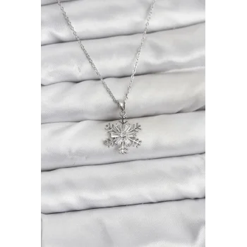 316L Çelik Zincir Gümüş Renk Kar Tanesi Model Zirkon Taşlı Kadın Kolye