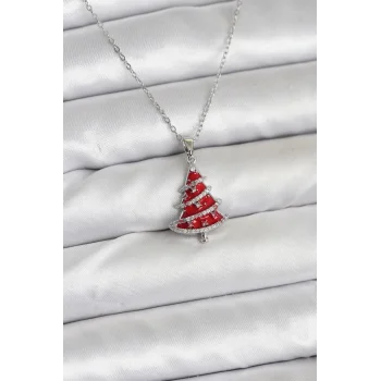 316L Çelik Zincir Gümüş Renk Kırmızı Çam Ağacı Model Yılbaşı Temalı Kadın Kolye