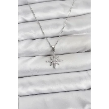 316L Çelik Zincir Gümüş Renk Kutup Yıldızı Model Zirkon Taşlı Kadın Kolye