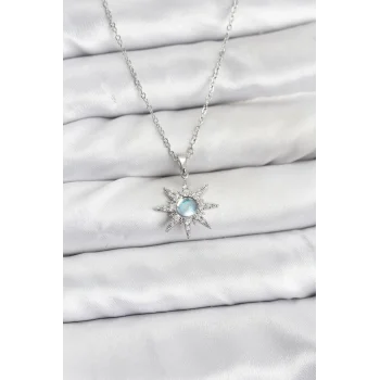 316L Çelik Zincir Gümüş Renk Kutup Yıldızı Model Zirkon Taşlı Kadın Kolye
