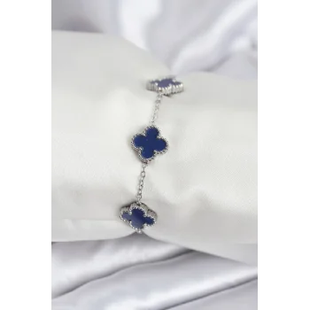 316L Çelik Zincir Gümüş Renk Lacivert Yonca Kadın Bileklik