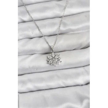 316L Çelik Zincir Gümüş Renk Lotus Model Zirkon Taşlı Kadın Kolye