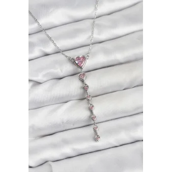 316L Çelik Zincir Gümüş Renk Pembe Kalp Kadın Kolye