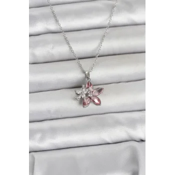 316L Çelik Zincir Gümüş Renk Pembe Lotus Model Kadın Kolye