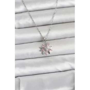 316L Çelik Zincir Gümüş Renk Pembe Papatya Model Kadın Kolye