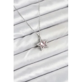 316L Çelik Zincir Gümüş Renk Pembe Taşlı Yıldız Model Kadın Kolye
