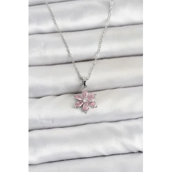 316L Çelik Zincir Gümüş Renk Pembe Zirkon Taşlı Lotus Model Kadın Kolye