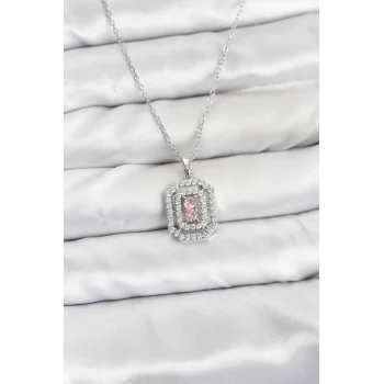 316L Çelik Zincir Gümüş Renk Plaka Model Zirkon Taşlı Kadın Kolye