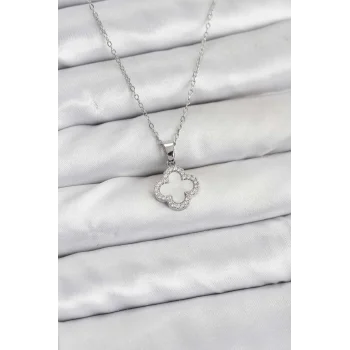 316L Çelik Zincir Gümüş Renk Sedefli Yonca Kadın Kolye