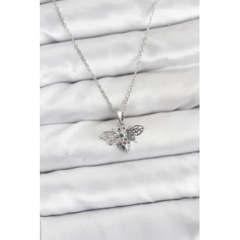 316L Çelik Zincir Gümüş Renk Sinek Model Zirkon Taşlı Kadın Kolye