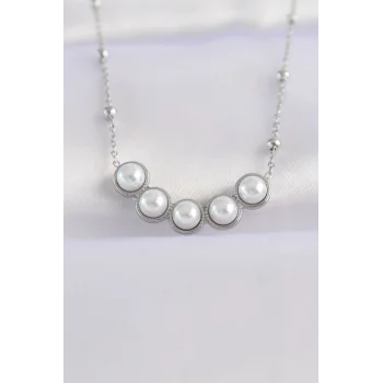 316L Çelik Zincir Gümüş Renk Sıralı İnci Taşlı Kolye