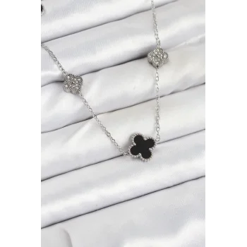 316L Çelik Zincir Gümüş Renk Siyah ve Zirkon Taşlı Yonca Kadın Kolye