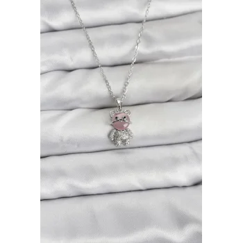 316L Çelik Zincir Gümüş Renk Teddy Bear Model Zirkon Taşlı Kadın Kolye