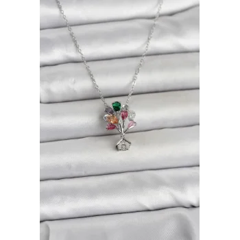 316L Çelik Zincir Gümüş Renk Uçan Balon Ev Figür Kadın Kolye