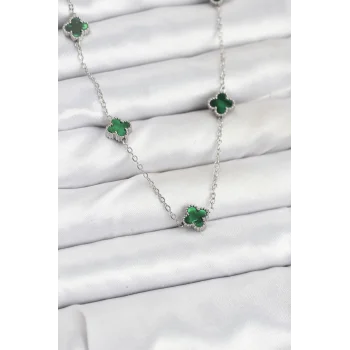 316L Çelik Zincir Gümüş Renk Yeşil Baby Boy Yonca Kadın Kolye