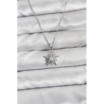 316L Çelik Zincir Gümüş Renk Yıldız Model Zirkon Taşlı Kadın Kolye