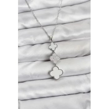 316L Çelik Zincir Gümüş Renk Yonca Detaylı Zirkon Taşlı Kadın Kolye