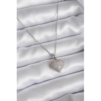 316L Çelik Zincir Gümüş Renk Zirkon Taş Detay Kalp Model Kadın Kolye