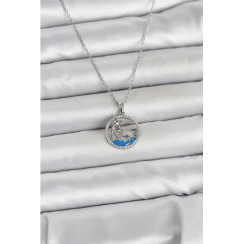 316L Çelik Zincir Gümüş Renk Zirkon Taşlı Deniz Temalı Kadın Kolye