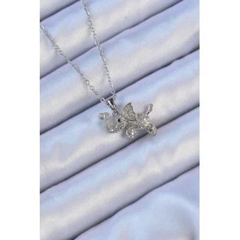 316L Çelik Zincir Gümüş Renk Zirkon Taşlı Fil Kolye