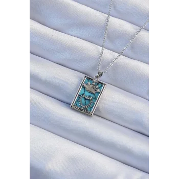 316L Çelik Zincir Gümüş Renk Zirkon Taşlı Mavi Mermer Desenli Taç Model Tarot Kolye